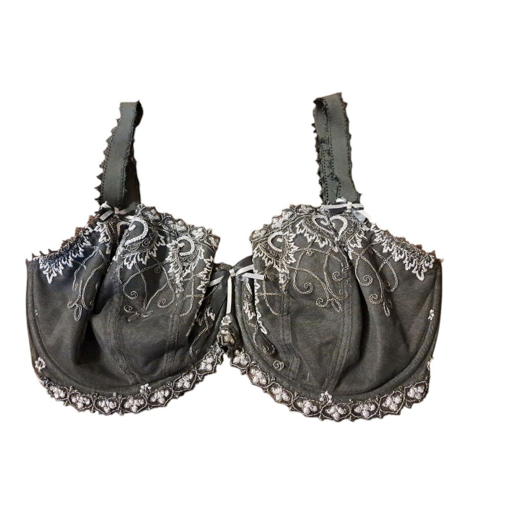 Fauve 30FF Balcony Bra Underwire Embroidered Lace Trim Floral Print Gray Silver